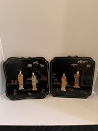 Pair Of Wood Carved Geisha Pearl Inlayed Art Pieces