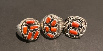 Three Coral And Sterling Silver Rings