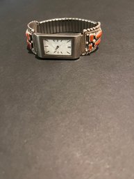 Vintage Navajo Mediterranean Coral Sterling Silver Watch-signed H.Spencer