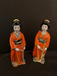 Pair Of Geisha Figurines With Fans