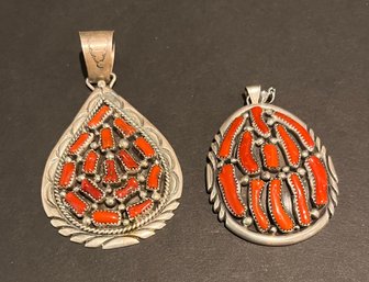 Two Sterling And Coral Pendants