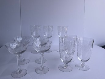 Assorted Lot Of 10 Floral Crystal Glasses Champagne Water And Wine Glasses
