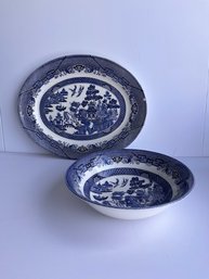 Churchill Fine China Willow Blue Oval Platter And Bowl