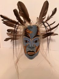 Hand Carved & Painted Alaskan Mask.  Signed Qaamina
