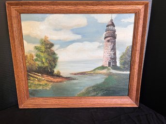 Vintage Lighthouse Painting Oil On Canvas