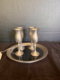 Four Pewter Cordials With Tray