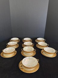 Hutschenreuther Selb Bavaria Pearl Iridescent Gold Set- Cream Soup Bowls With Plates