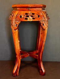 Vintage Pedestal Oriental Carved Wood Plant Stand Table Disolay Marble Top