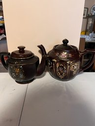 Pair Of Vintage Tea Pots, Redware Hand Painted