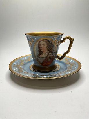 Antique 19th C. Sevres Portrait Cup & Saucer. French Porcelain