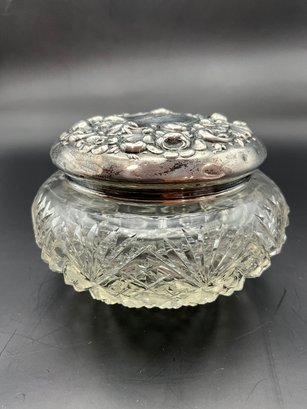 Art Noveau Cut Glass Jar With Floral Sterling Silver Lids 2.5' X 3.5'