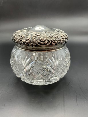 Art Noveau Cut Glass Jar With Floral Sterling Silver Lids 3' X '