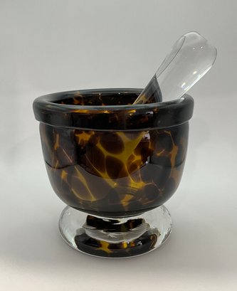 Contemporary Art Glass Mortrar And Pestle Set Tortoise Shell Clear Base 5'