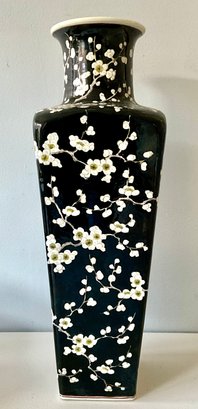 Black Glazed Chinese Vase With White Cherry Blossom Motif