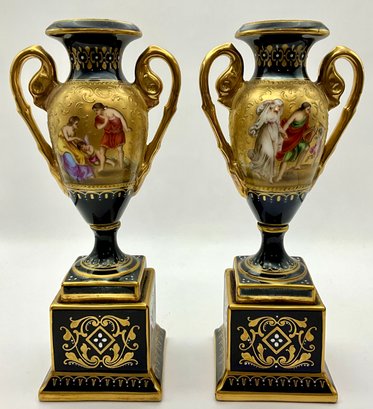 Pair Of Antique Royal Viena Style Urn Hand Painted Artist Signed Without Lids