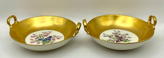 Pair Of KPM Berlin  Hand Painted Butterfly And Flowers Yellow And Gold Small Handled Bowl /dish