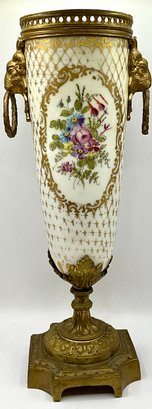 French 19th Century Tall Sevres Vase Hand Painted Floral Motiffs Without Lid