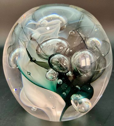 Art Glass Hand Crafted Bubble Ball Clear And Green Paperweight Signed