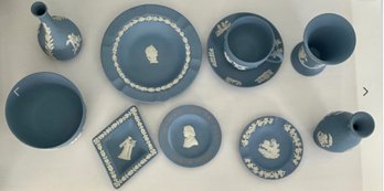 Vintage Wedgwood Light Blue Jasperware Set Of 10 Jar, Vases And Dishes.