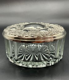 Art Noveau Cut Glass Jar With Floral Sterling Silver Lids 3.2' X 2.'