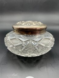 IB Signed Art Noveau Cut Glass Jar With Floral Sterling Silver Lids