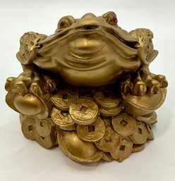 Feng Shui Blessing Fortune Wealth Coin Jin Chan Gold Tone Toad Frog Statue
