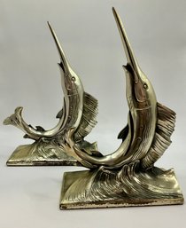 Pair Of Vintage Brass Tone Metal Cast Swordfish / Sailfish Bookends
