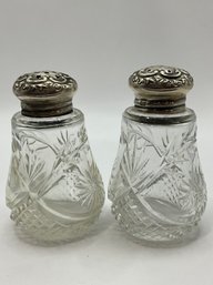 Art Noveau Cut Glass Salt And Peper Jar 925 Sterling Silver Lids