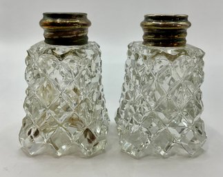 Art Noveau Cut Glass Salt And Peper Jar 925 Sterling Silver Lids (2)