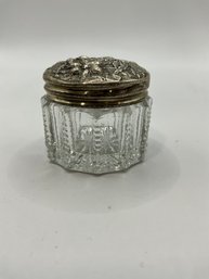 Art Noveau Cut Glass Small Jar With Floral Sterling Silver Lids (1)