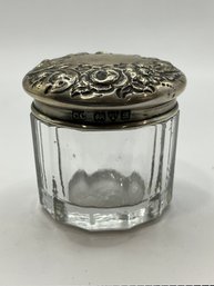 Art Noveau Cut Glass Small Jar With Floral Sterling Silver Lids (2)