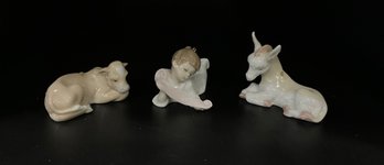 Lladro Angel, Donkey And Cow Ornament Set Mini Pesebre Three Piece Set No. 06095