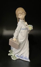 Lladro 7604 School Days Girl With Bag & Flowers Porcelain Figurine
