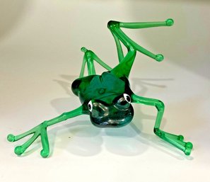 Blown Glass Art Figurine Green Dancing Frog
