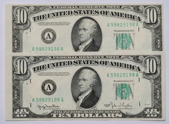 1950 2x Consecutive $10 Dollars Series 198-199