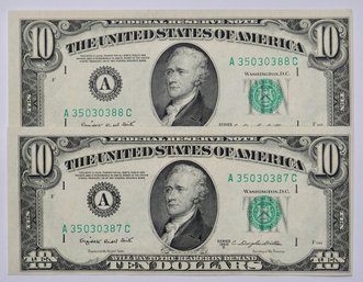 1950 2x Consecutive $10 Dollars Series 388-387