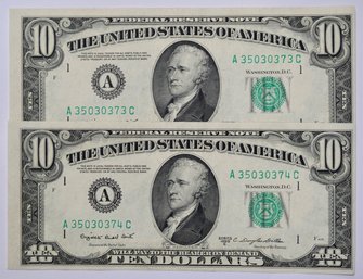1950 2x Consecutive $10 Dollars Series 373-374
