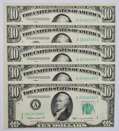 1950 5x Consecutive  US $10 FRN Currency Series  392-396