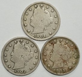Lot Of (3) Liberty Head Nickel 1905,1904,1902