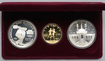 1984 Three Piece Gold And Silver Olympic Set (Proof) W Box & SOA