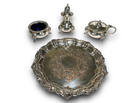 Silverplate Tray And Condiment Set