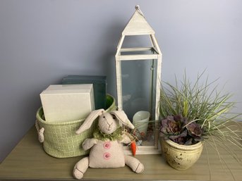 Decor Lot - Bunny, Candle Lantern, Fabric Basket, Faux Plant