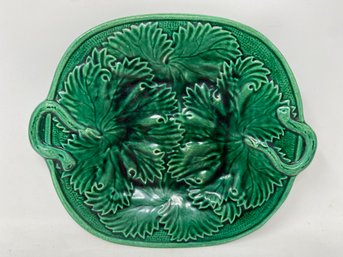 Antique Green Majolica Leaf And Vine Handled Tray S3