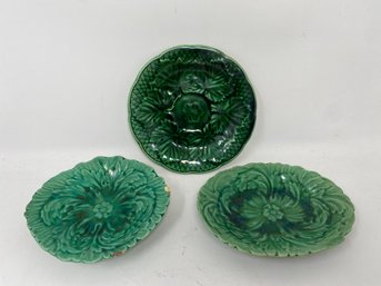 Three Small Green Majolica Plates S3