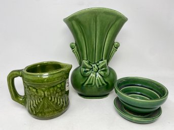 Three Pieces Green Art Pottery - Vase, Pot, Creamer S4