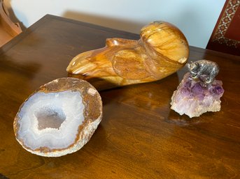 Carved Inuit Otter, Geode And Amethyst