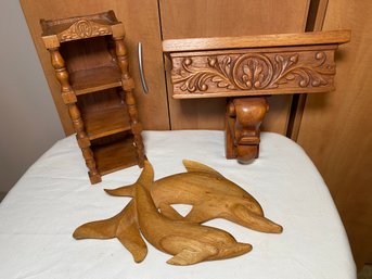 Two Filipino Carved Mahogany Shelves And Carved Dolphins