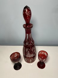 Ruby Cut To Clear Decanter And Two Cordials