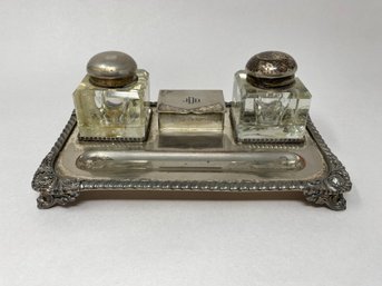 Silver-plate Pen Stand With Double Inkwell