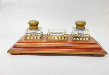 Mahogany Pen Stand With Double Ink Well